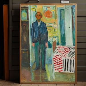 May include: A painting of a man standing in a room with a bed in the background. The man is wearing a blue suit and has a bald head. The room is painted in a variety of colors, including green, yellow, and blue. The bed has a red and white patterned blanket.