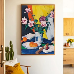 Red and Pink Roses, Oranges, and Fan (c. 1925) by Samuel John Peploe Art Print | Scottish Colourist Still Life | Vintage Floral Wall Art