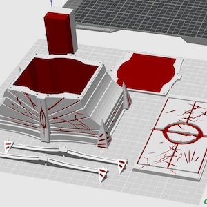 May include: A 3D-printed model kit with white and red components. The kit includes a large, angular structure, several rectangular pieces, and smaller support elements. The design features intricate details and a geometric aesthetic.