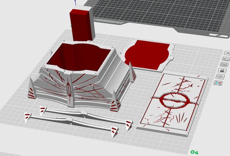 May include: A 3D-printed model kit with white and red components. The kit includes a large, angular structure, several rectangular pieces, and smaller support elements. The design features intricate details and a geometric aesthetic.