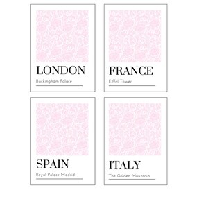 Aesthetic Pink Floral Digital Posters [London, France, Spain, Italy] 4 Pack