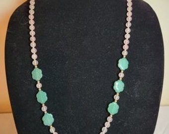 Vintage Beaded Rose Quartz and Caved Jadeite Necklace