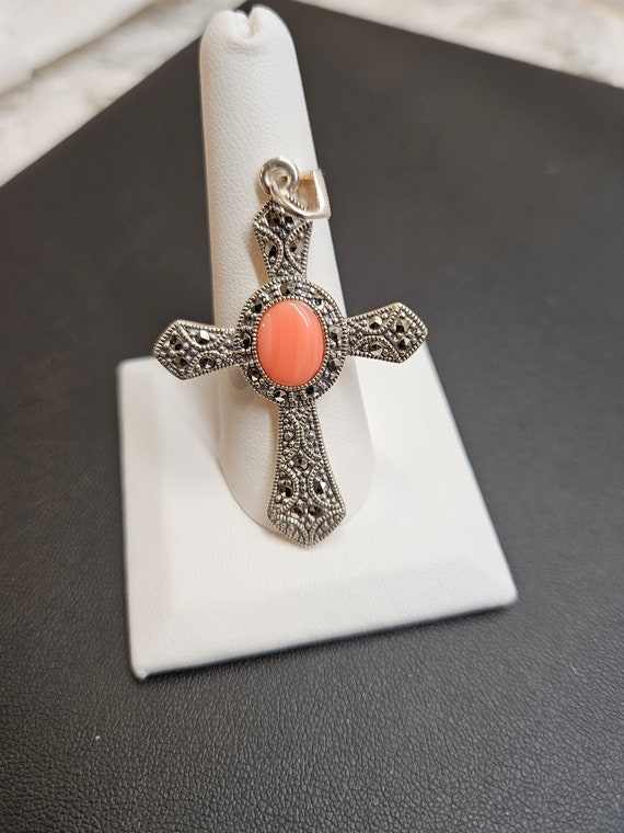 Vintage Sterling Silver Marcasite Pink Coral Cross