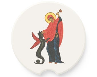 Artistic Soapstone Car Coaster with Saint and Devil Design, Unique Gift, Car Accessory, Home Decor, Party Favor, Holiday Essential