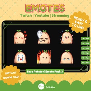 May include: A set of six animated potato emotes for Twitch, Youtube, and streaming. The emotes feature a potato with different expressions, including hearts, a ghost, confetti, a clown face, fire, and tears. The emotes are available in six different sizes, ranging from 18 x 18 pixels to 112 x 112 pixels.