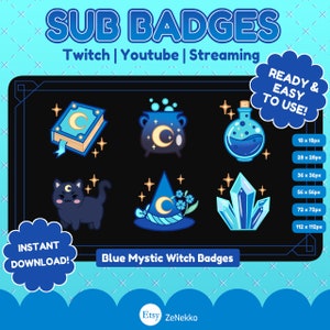 Mystic Blue Witch Sub Badges, Twitch/Discord/Youtube, Cute Bits, Cheer Badges, Bit Badges