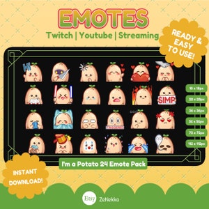 May include: A set of 24 potato-themed Twitch and YouTube emotes. The emotes are in various sizes, ranging from 18x18 pixels to 112x112 pixels. The emotes feature a potato character with different expressions and accessories, such as a hat, glasses, and a heart.