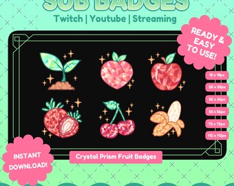 Crystal Prism Fruit Sub Badges, Twitch/Discord/Youtube, Cute Bits, Cheer Badges, Bit Badges