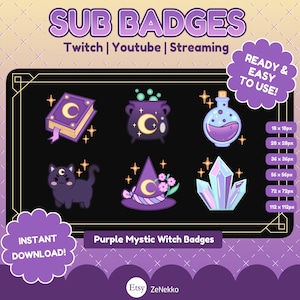 Mystic Purple Witch Sub Badges, Twitch/Discord/Youtube, Cute Bits, Cheer Badges, Bit Badges