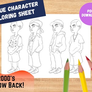 May include: A black and white colouring page featuring four cartoon characters from the 2000s. The characters are wearing clothing styles popular in the 2000s, such as baggy jeans, oversized shirts, and bandanas. The title of the colouring page is "2000's Throw Back!" and there is a "PDF Download" button in the top right corner.