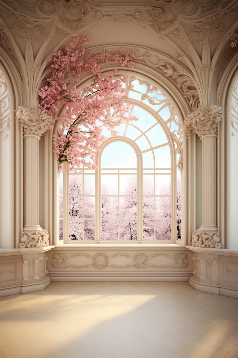 23 Fine Art Digital Backdrops, Pink Flowers and Curtains, Large Windows ...