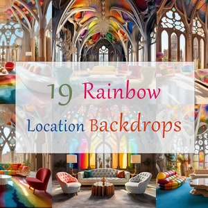 19 Rainbow Location Digital Backdrops inspired by Antoni Gaudi. Reflecting diversity and unity. LGBTQ+ support. Discount 20%OFF: LOVEISLOVE