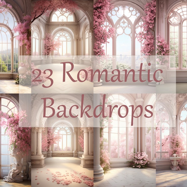 23 Fine Art Digital Backdrops, Pink Flowers and Curtains, Large Windows, Maternity, Photography Digital Background, Photoshop, Overlay