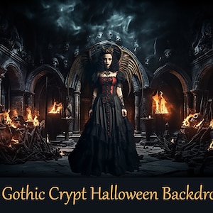 Può includere: Una donna con un abito gotico nero e rosso si trova in un'ambientazione di cripta oscura con fiamme e teschi. Lo sfondo è una cripta gotica oscura con archi di pietra e fiamme.