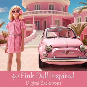 Pink doll background. Digital backdrop for Photoshop. Portrait gift idea for girls photoshoot, overlay yacht car castle house.