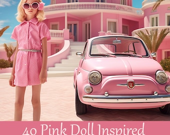 Pink doll background. Digital backdrop for Photoshop. Portrait gift idea for girls photoshoot, overlay yacht car castle house.