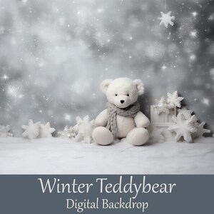 Winter Teddybear Digital Backdrop for kids portraits - christmas colors in tones of blue and white. Stuffed animal with cold colors