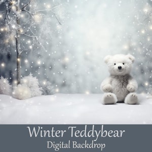 Winter Teddybear Digital Backdrop for kids portraits - christmas colors in tones of blue and white. Stuffed animal with cold colors