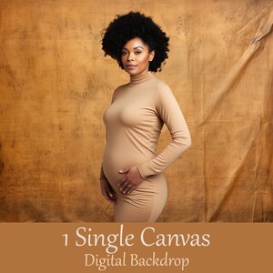 Pode incluir: Uma mulher grávida vestindo um vestido de gola alta bege está em frente a um fundo texturizado marrom. O fundo é um fundo digital de uma única tela.