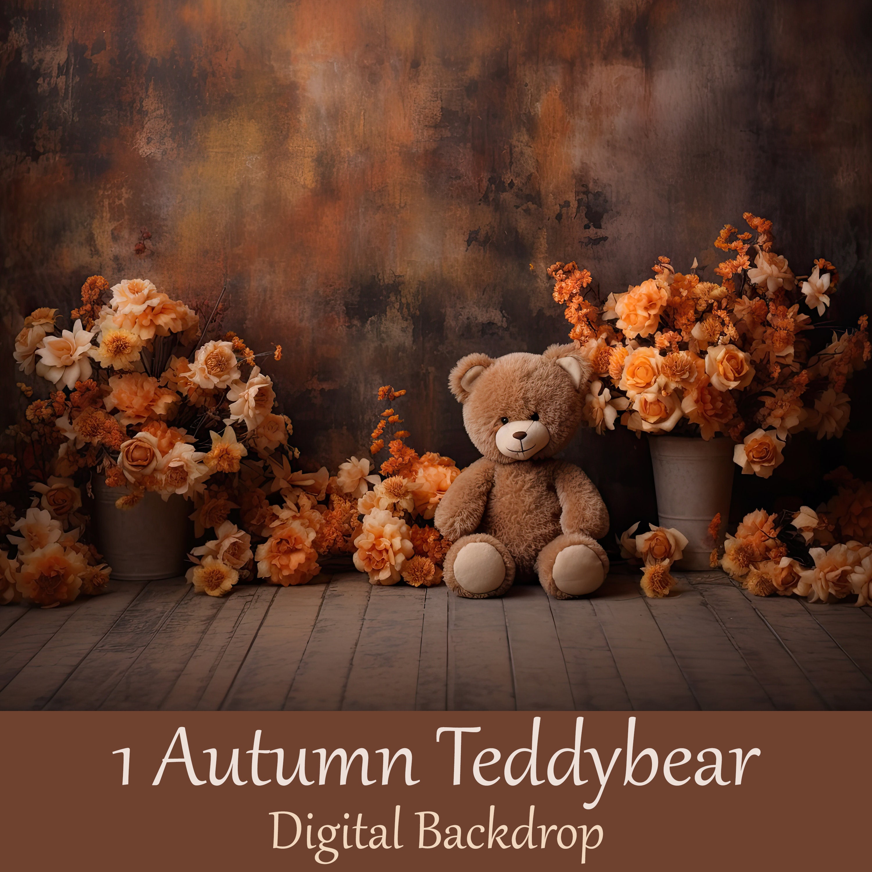 Autumn Teddybear Digital Backdrop for kids portraits - fall colors in tones of orange and brown. Stuffed animal with autumn colored flowers