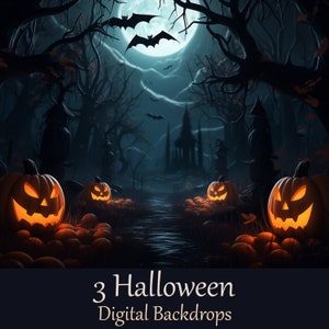 Puede incluir: Tres fondos digitales de Halloween con un camino de bosque espeluznante con calabazas brillantes, luna llena y murciélagos volando por encima.