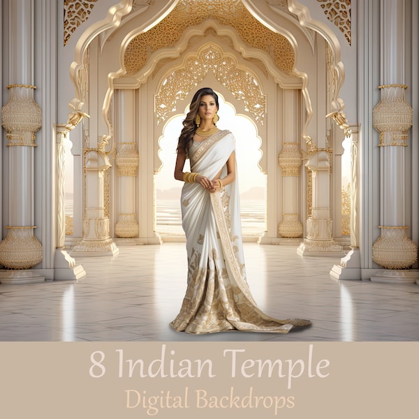 Indian Temple Digital Backdrop - Gold and white Hindu temple backgrounds for wedding photos, maternity and engagement studio photoshoots.