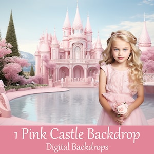Puede incluir: Un telón de fondo digital que presenta un castillo rosa con un foso y una niña con un vestido rosa sosteniendo una rosa rosa. El texto "1 Pink Castle Backdrop" y "Digital Backdrops" está en la parte inferior de la imagen.