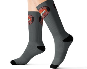 Calcetines de sublimación gris unisex Logotipo de Hogs / Logotipo del club de rugby Gainesville Hogs / Par de calcetines gráficos del equipo / Regalo para jugadores / Swag social