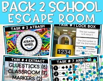 May include: A colorful printable escape room game for kids. The game includes tasks like solving a code with an alphabet wheel, a lockbox puzzle, and a word search. The tasks are labeled with numbers and titles like "ATBASH", "LOCK BOX", and "ARROWS".