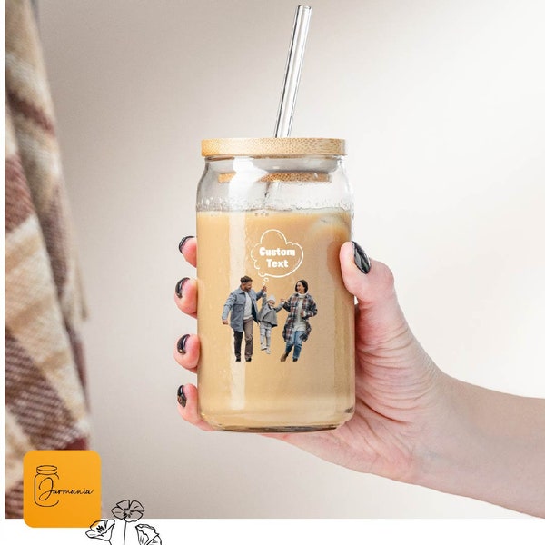 Custom Photo Text Iced Coffee Glass, Custom Cartoon Glass Tumbler, Custom Text Glass Can, Personalized Cartoon Cold Drink Jar