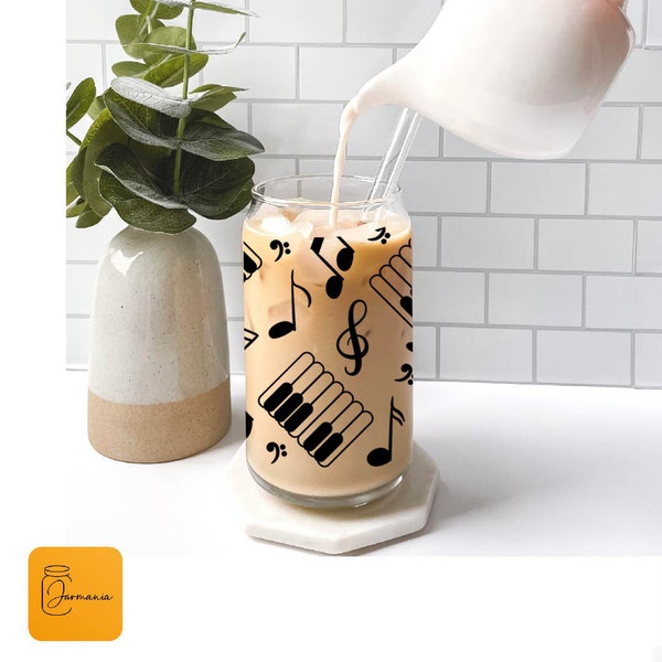 Music Lover Iced Coffee Jar, Musical Notes Iced Coffee Cup, Musician Glass Jar, Piano Lover Glass Tumbler Jar, Musical Theme 16 Oz Glass Jar
