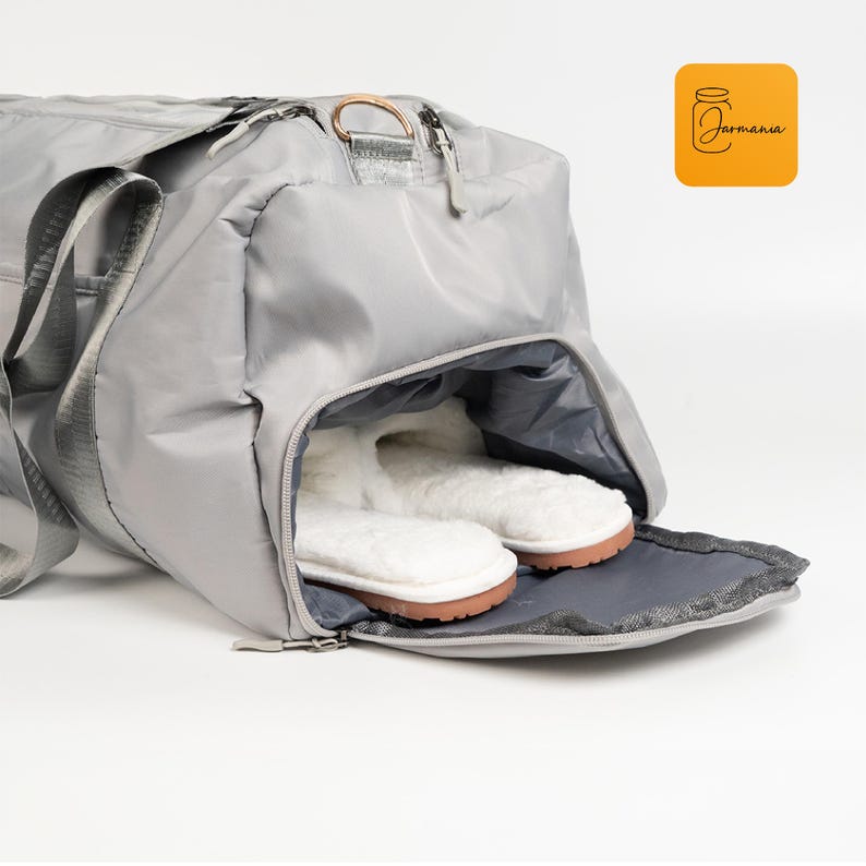 a gray bag with a pair of slippers in it
