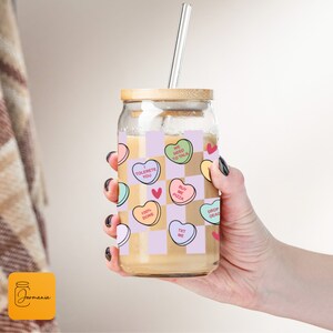 Valentines Candy Glass Can, Conversation Hearts Iced Coffee Cup, Gift For Girlfriend, Glass Beer Can, Gift For Best Friend, Best Mom Gift