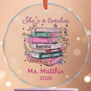 Personalized Teacher Ornament 2026 | She's a Teacher stacked books Glass Ornament | Glass Ornament