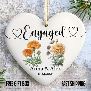Custom Engaged First Christmas ornament 2025, Engaged Ornament Gift - Personalized Birth Flower Engagement Ornament with Names & Date