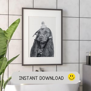 Funny Pitbull Bathroom Print: Dog with Towel & Toothbrush (Digital Download)