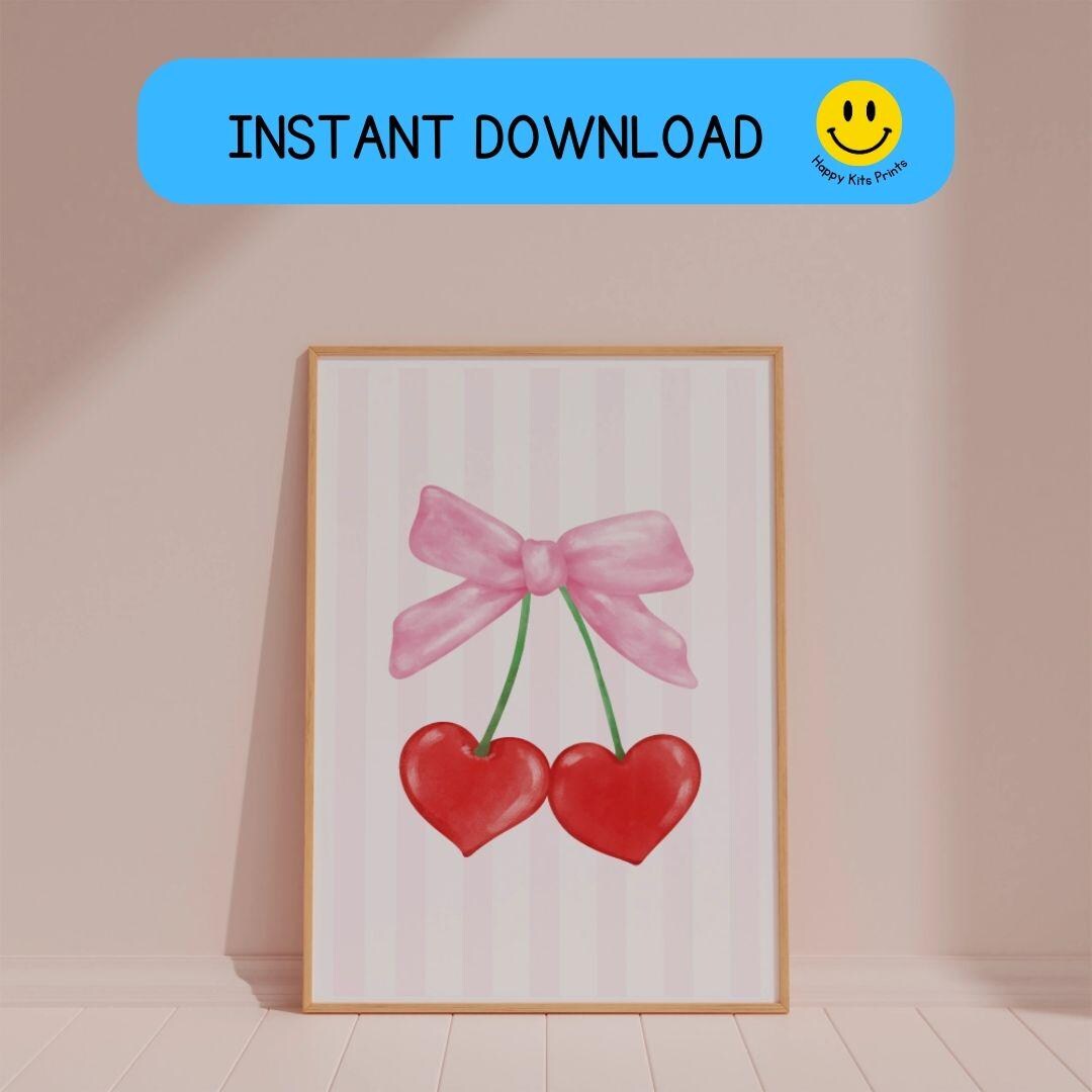 Cherry Pink Bow Poster - Coquette Print -trendy Wall Art - Pink and Red ...