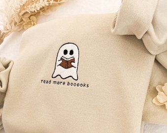 Embroidered Ghost Book Sweatshirt, Read More Booooks Sweatshirt, Fall Crewneck, Book Lover sweatshirt, Spooky Season Pullover, Ghost reading