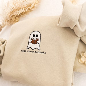 Embroidered Ghost Book Sweatshirt, Read More Booooks Sweatshirt, Fall Crewneck, Book Lover sweatshirt, Spooky Season Pullover, Ghost reading