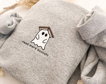 Embroidered Ghost Book Sweatshirt, Read More Booooks Sweatshirt, Fall Crewneck, Book Lover sweatshirt, Spooky Season Pullover, Ghost reading