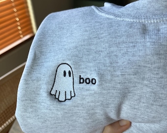 Embroidered Boo Ghost Sweatshirt, Fall Crewneck, Autumn Sweater, Halloween, Spooky Season Pullover, Ghost Shirt, Fall Sweatshirt for Women