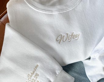 Personalized Embroidered Wifey Sweatshirt, Custom Bride Crewneck, Bride to Be, Engagement Gift, Last Name Bride Sweatshirt, Future Mrs.