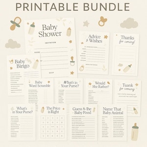 Lot imprimable neutre sexiste – 10 jeux, invitation, bingo, tombola – décoration beige pour baby shower, téléchargement immédiat A4