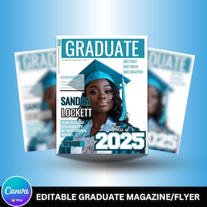 Graduation Magazine Editable Canva Template, Senior 2025 Canva Template, Blue