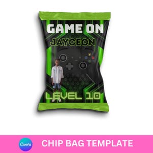 May include: Green and black chip bag template with the text "Game On" and "Jayceon" in white. A black video game controller is in the centre of the bag with a photo of a young boy in the bottom left corner. The text "Level 10" is in green and white at the bottom of the bag.