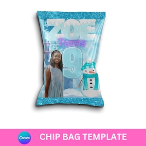 May include: A light blue chip bag template with the text "ZOE Turns 9". The bag features a photo of a young girl and a cartoon snowman wearing a blue hat and scarf. The bottom of the bag has the text "CHIP BAG TEMPLATE".