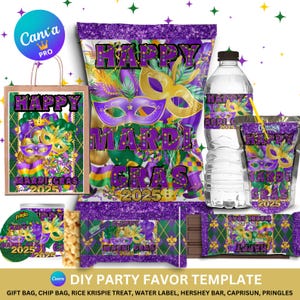 May include: A set of printable party favor templates for Mardi Gras. The templates feature a purple, green, and gold color scheme with a Mardi Gras mask design. The templates include a gift bag, chip bag, rice krispie treat wrapper, water bottle label, Hershey bar wrapper, Capri Sun wrapper, and Pringles can label.