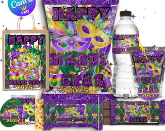 Op de afbeelding: Een set printbare feestfavorieten sjablonen voor Mardi Gras. De sjablonen hebben een paars, groen en gouden kleurenschema met een Mardi Gras-maskerontwerp. De sjablonen omvatten een cadeauzak, een chipszak, een verpakking voor rijst-krispies, een waterfleslabel, een verpakking voor een Hershey-reep, een verpakking voor Capri Sun en een label voor een Pringles-blik.