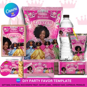 Prinzessin Birthday Decor Party Favor Bundle, bearbeitbare Canva-Vorlage, Prinzessin Chip Bag, Prinzessin Wasserflasche, Candy Wrapper