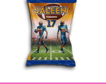 Football Party Favor Chip Bag Editable Canva Template, Blue and Gold, Digital Download